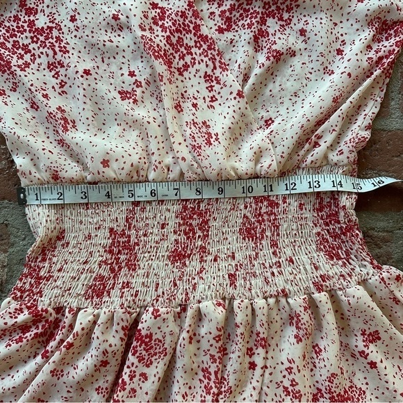 Princess Polly Cream & Red Floral Sheer V-Neck Wide Smocked Waist Mini Dress 8 - Picture 8 of 16
